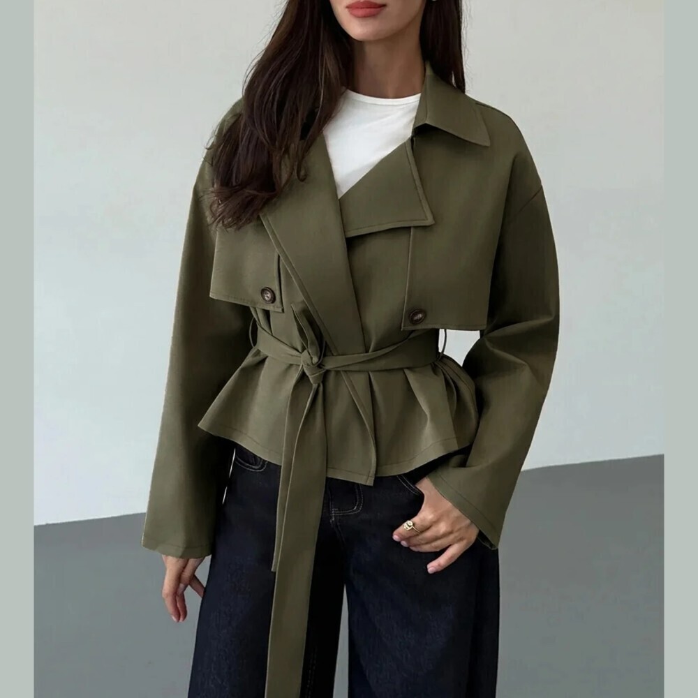 Olive Green Belted Cropped Trench Coat Jacket with Lapel Collar